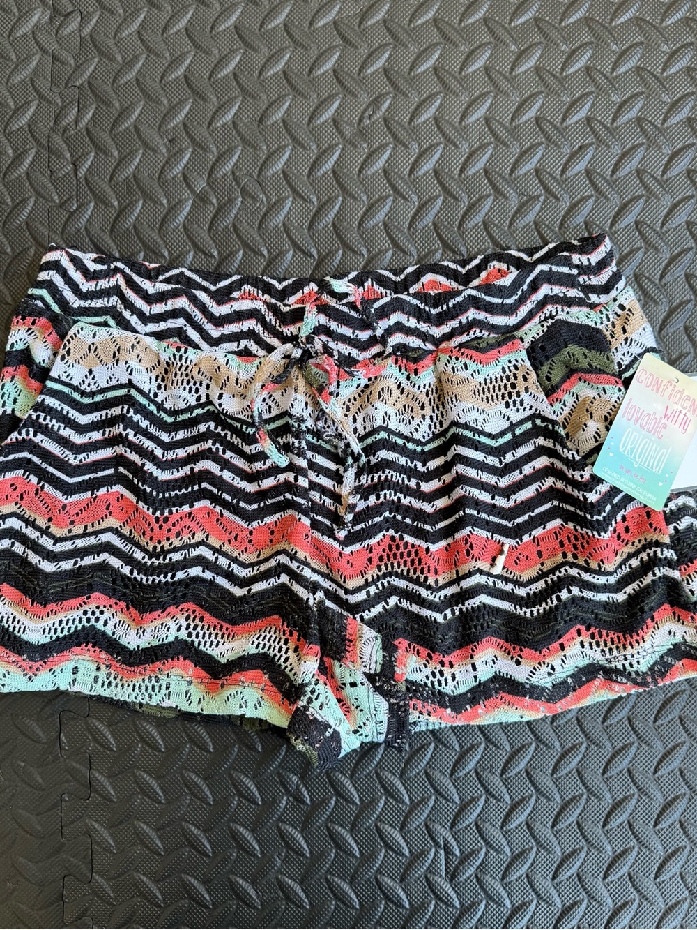 BeBop Black Crochet Shorts with Coral & Mint Chevron Accents